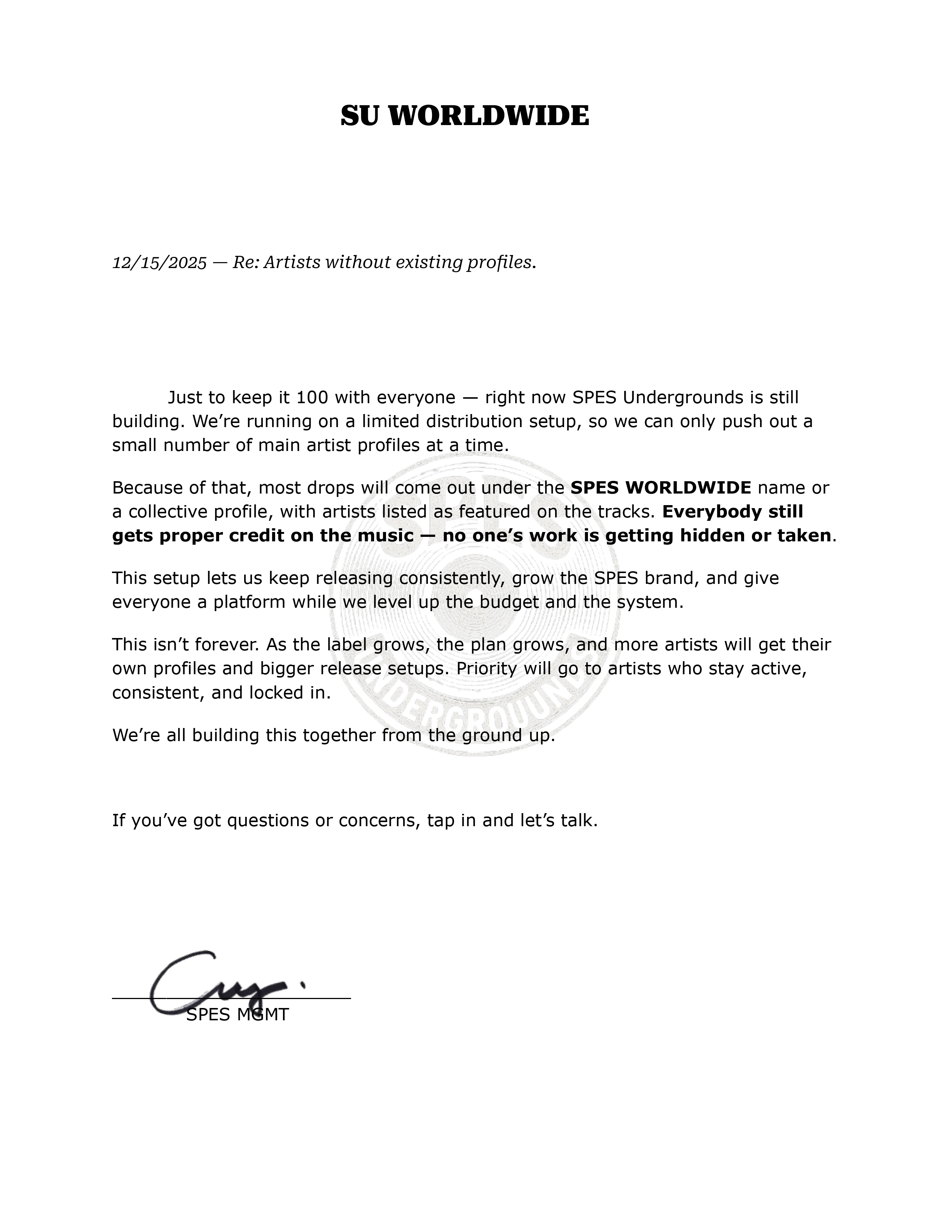 SPES Undergrounds Distribution Status & Upload Terms